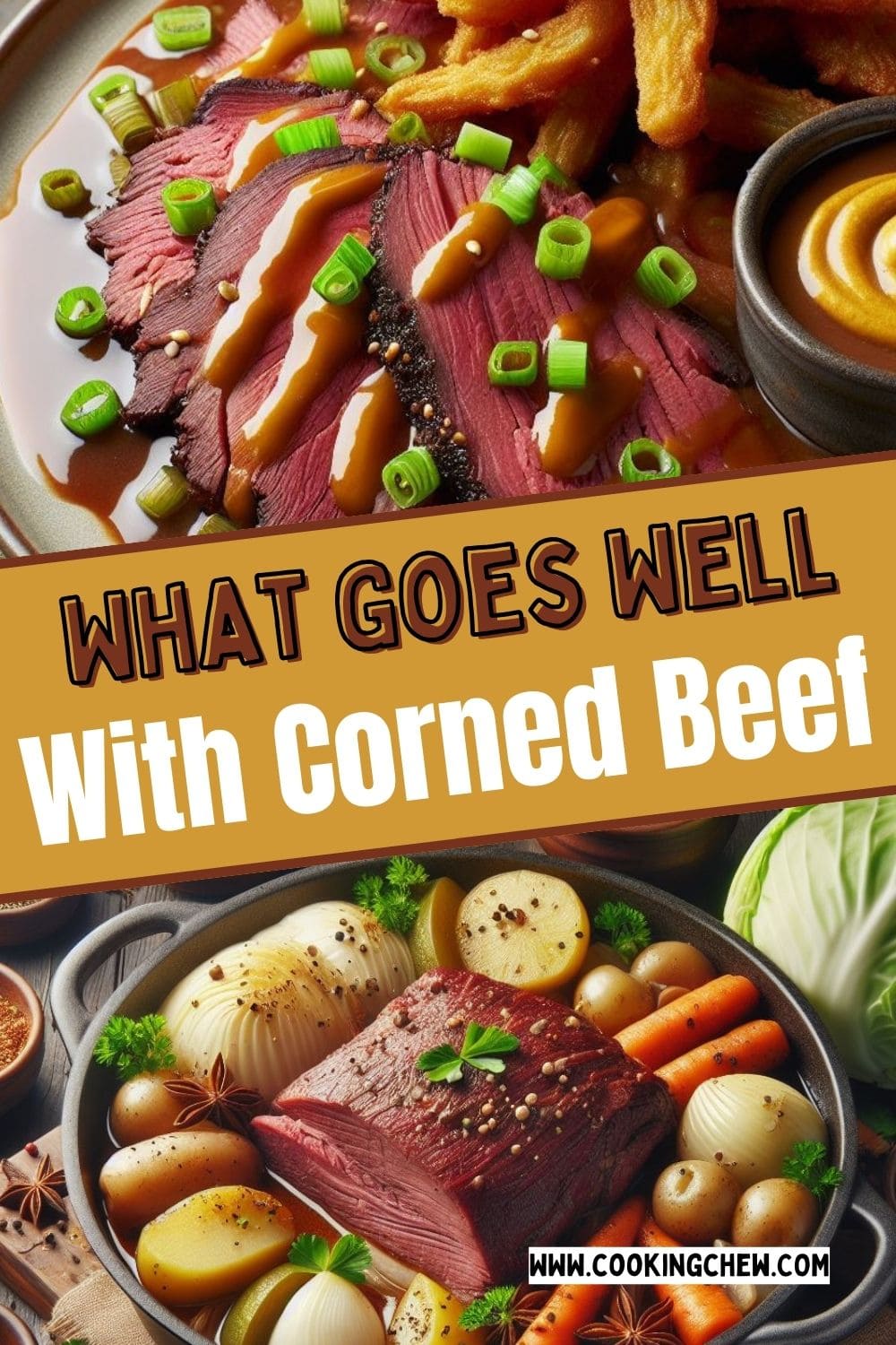A collage of corned beef with side dishes.
