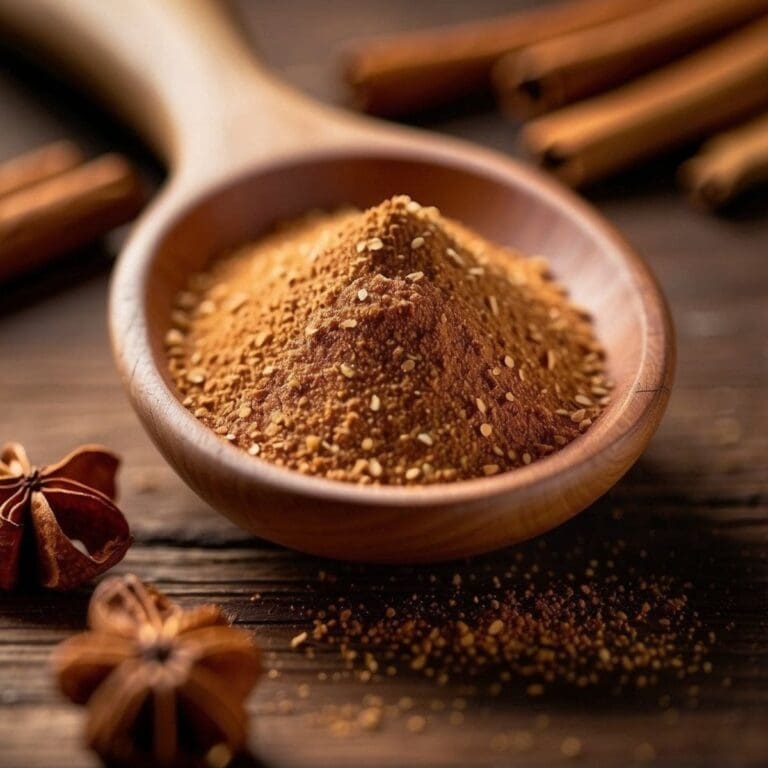 A wooden spoon filled with cinnamon powder sits on a wooden table next to a pile of whole cloves and star anise pods.