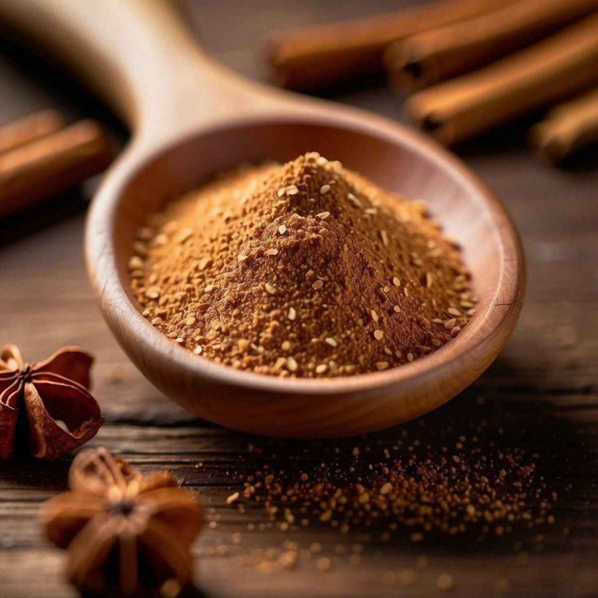 A wooden spoon filled with cinnamon powder sits on a wooden table next to a pile of whole cloves and star anise pods.
