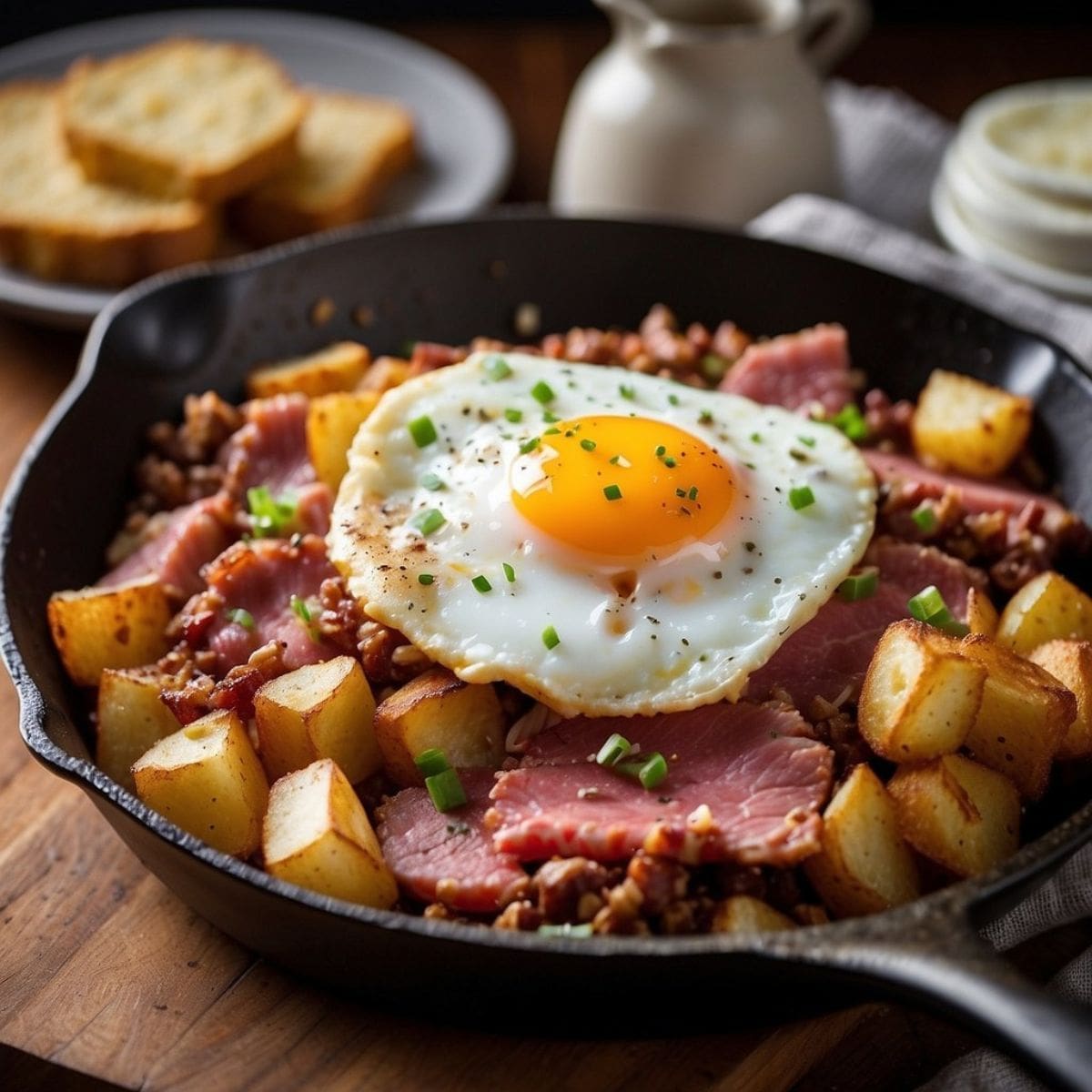 A skillet filled with a hash of diced corned beef and cubed, fried potatoes.
