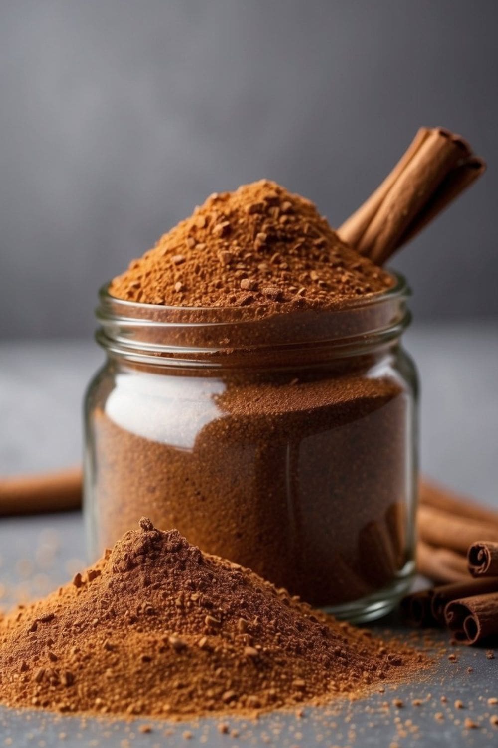 A glass jar filled with ground cinnamon powder sits on a light wooden table next to several cinnamon sticks.