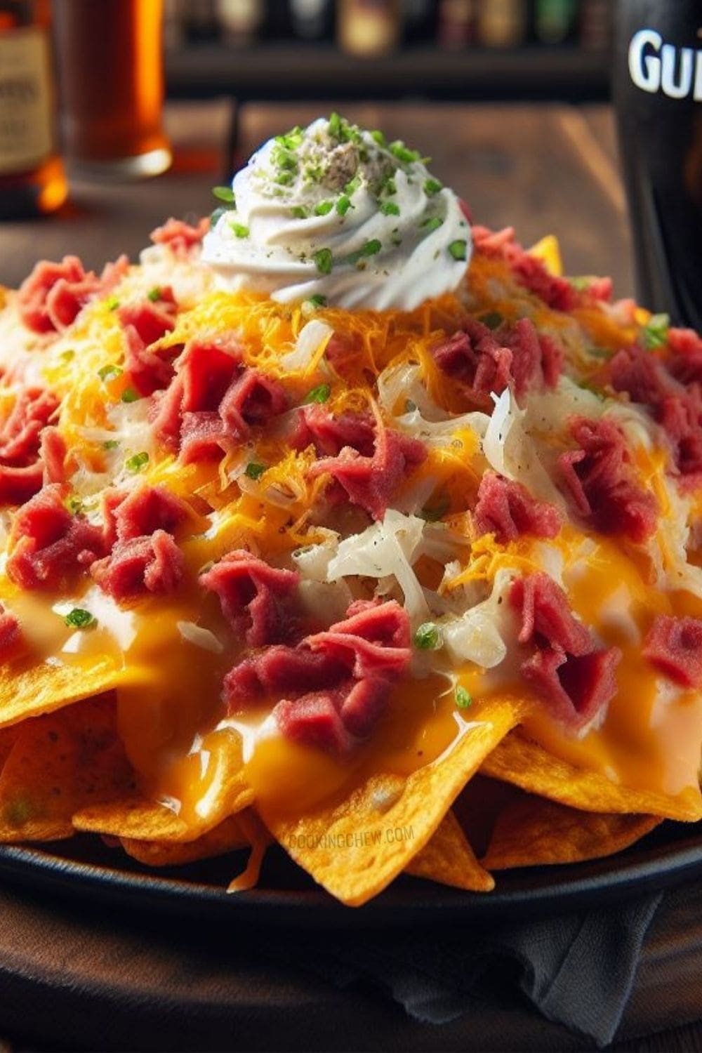 A plate of reuben-topped irish nachos.