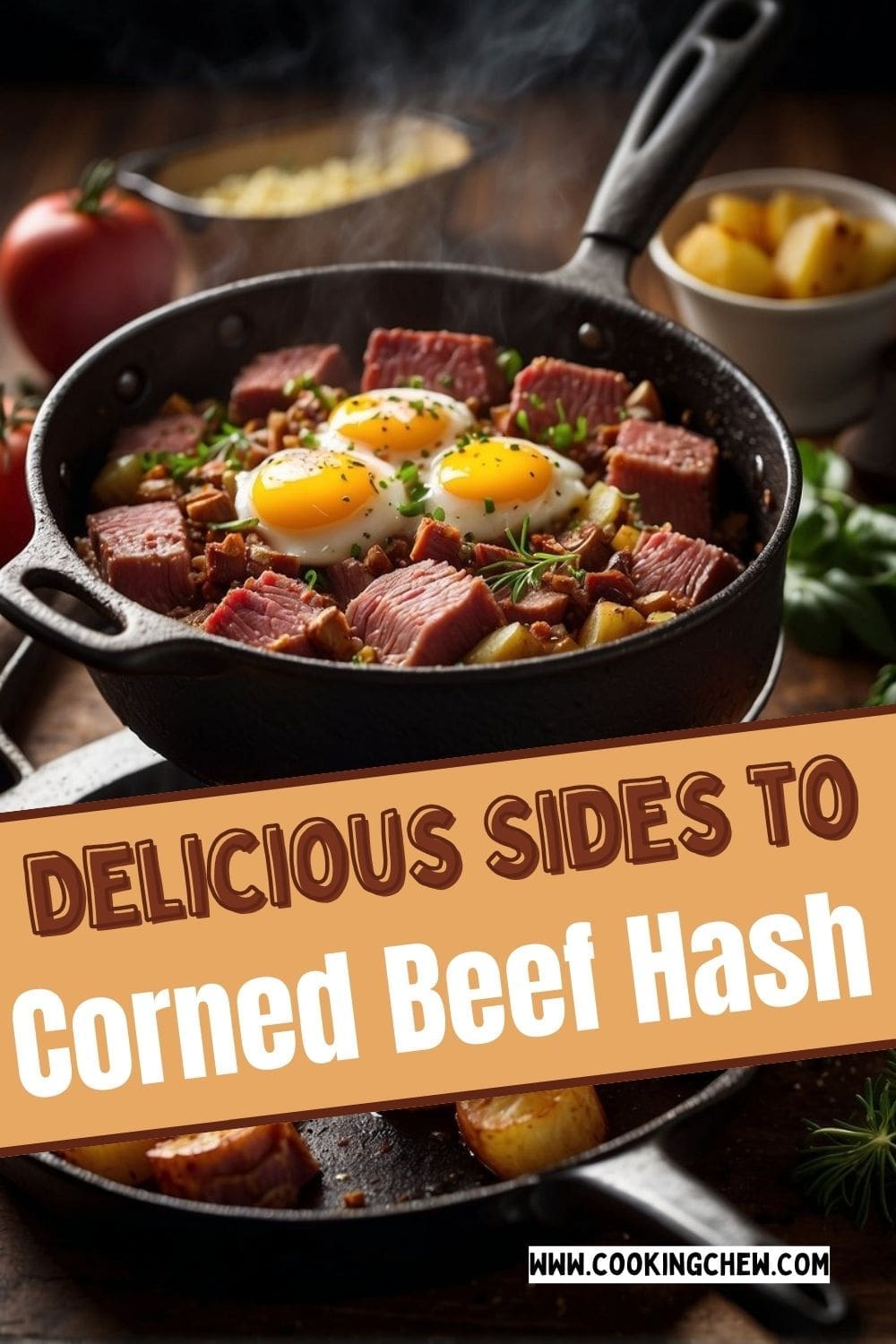 A skillet filled with a hash of diced corned beef and cubed, fried potatoes.