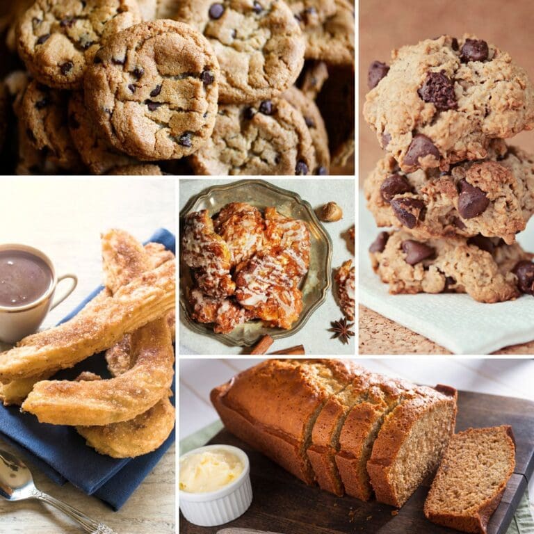 A collage of various air fried desserts, including apple fritters, churros, chocolate chip oatmeal cookies, and banana bread.