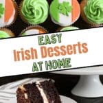 A plate with a slice of guinness cake in the foreground and several st. patrick’s day cupcakes in the background.