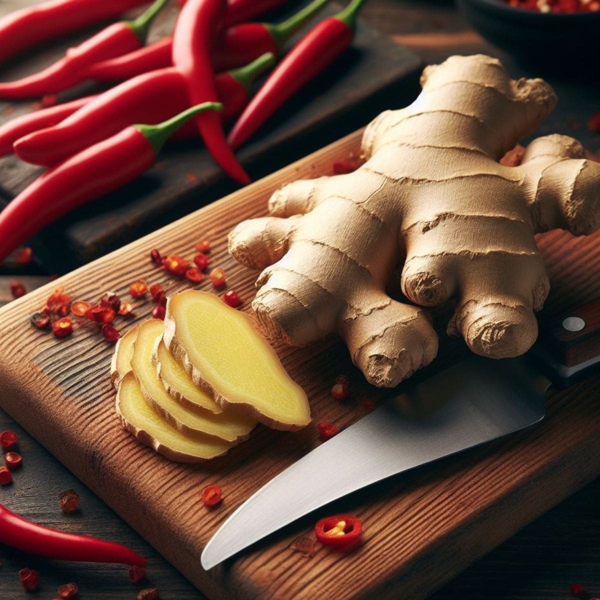 A ginger root and several red peppers lie on a wooden cutting board, with a knife beside them.