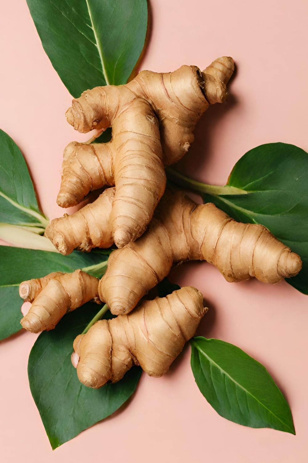 A bunch of ginger sits on top of some green leaves, on a pink background.