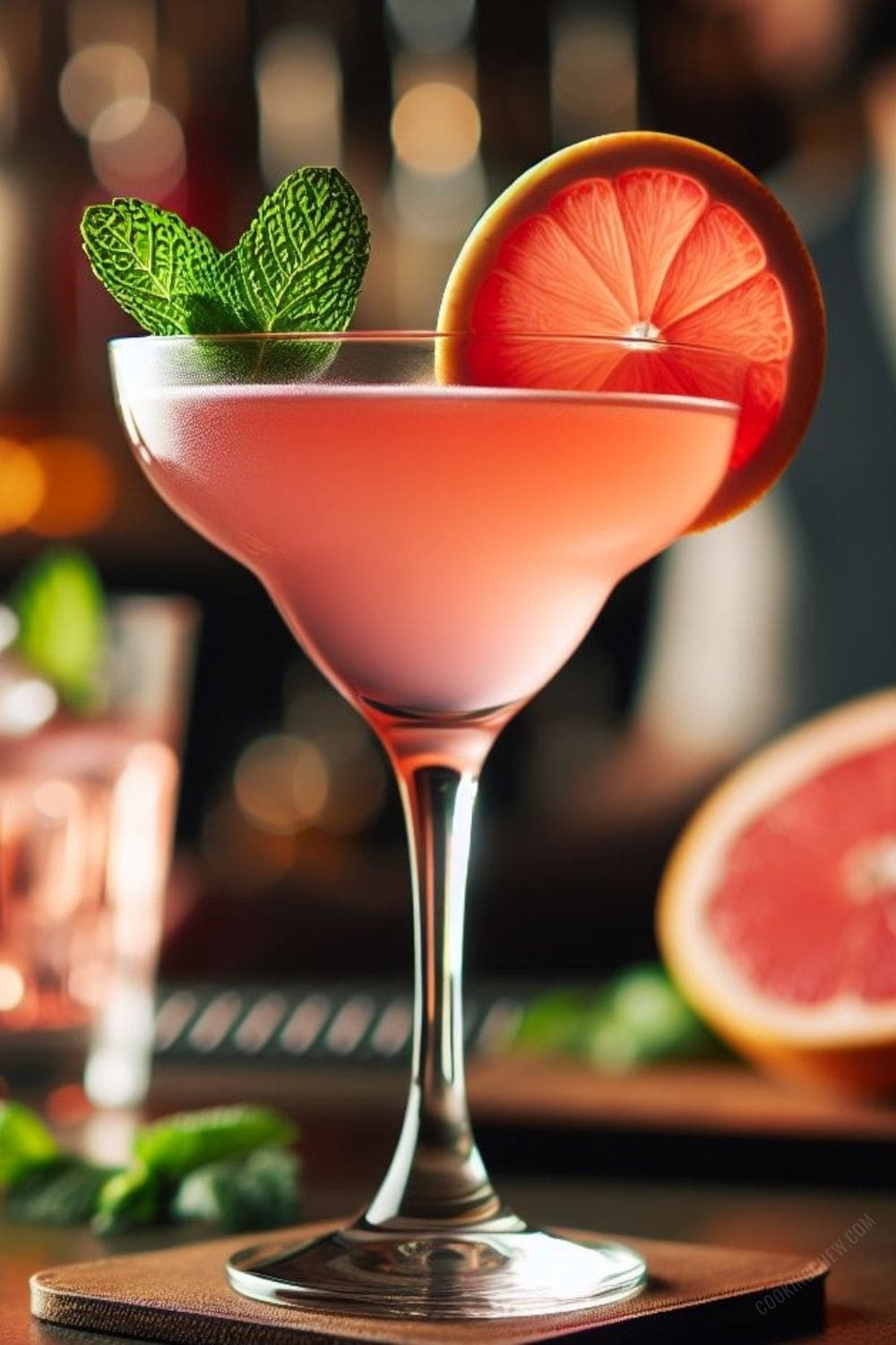 A refreshing pink grapefruit martini garnished with a grapefruit slice and mint leaves.