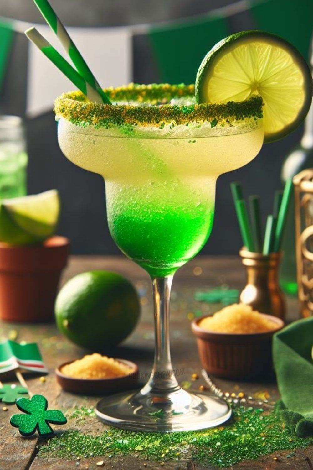 An irish margarita on a wooden table. The margarita has a lime slice on the rim and is decorated with sparkly green sprinkles.