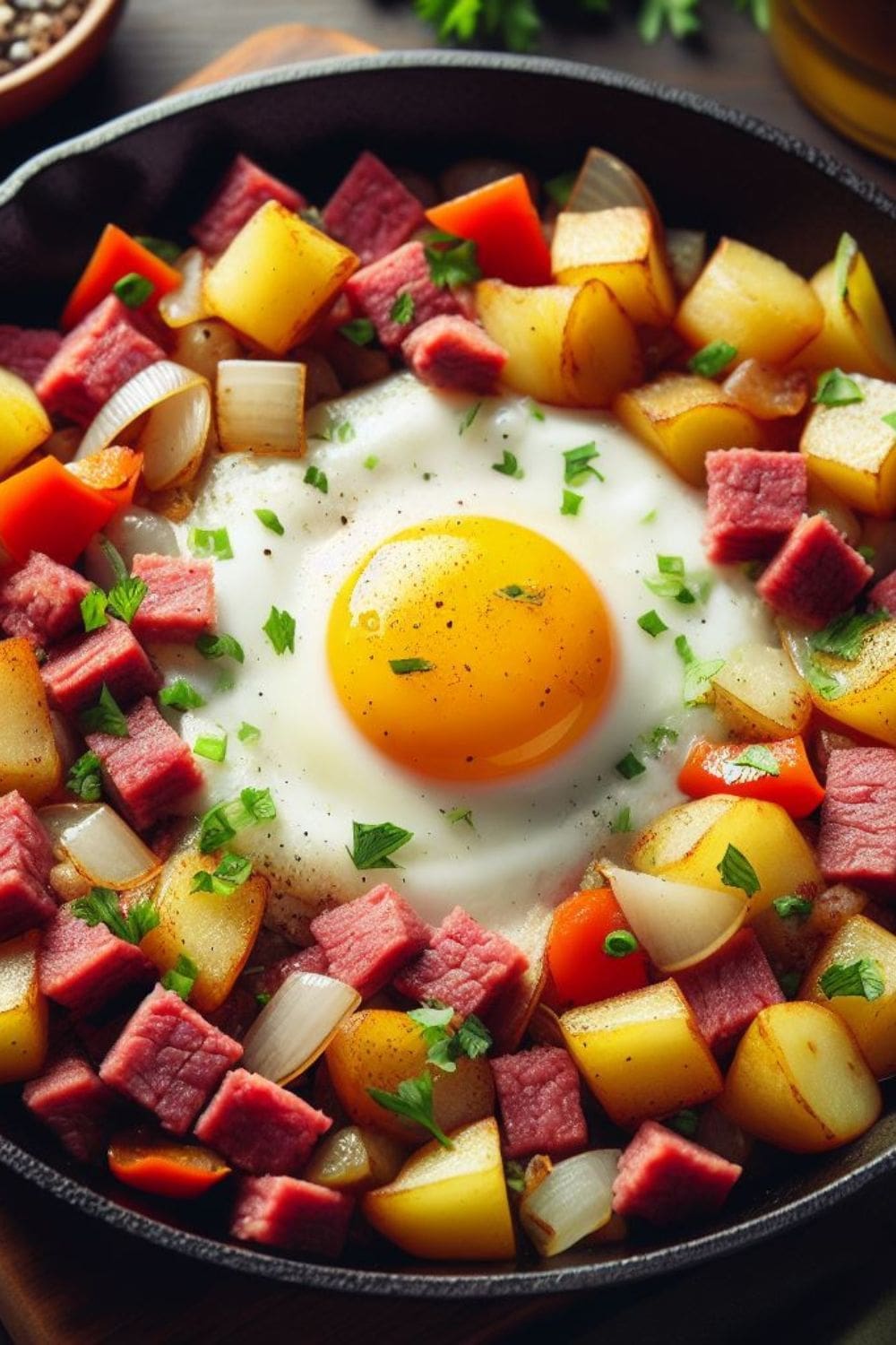 A skillet filled with a hash of diced corned beef and cubed, fried potatoes.