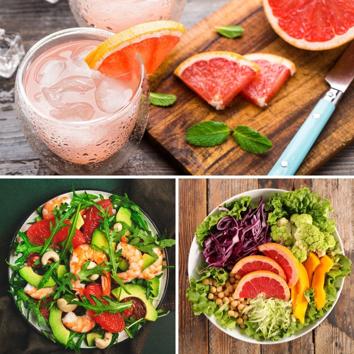 A collage of images showing sunrise grapefruit cocktail, spicy shrimp grapefruit salad, and grapefruit buddha bowl.