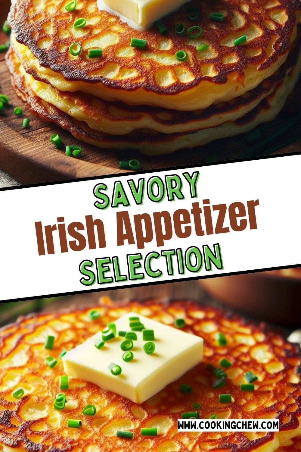 A stack of three irish potato pancakes drizzled with melted butter and topped with chopped chives. 