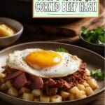 A plate of corned beef hash with a fried egg on top.