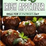 A photo of guinness-glazed meatballs on a pan.