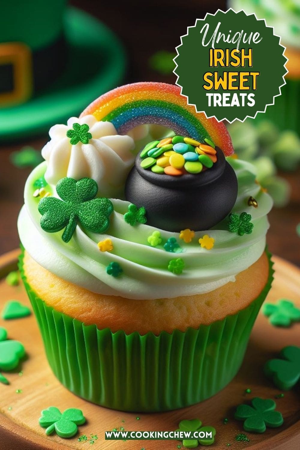 A cupcake decorated for St. Patrick's Day.