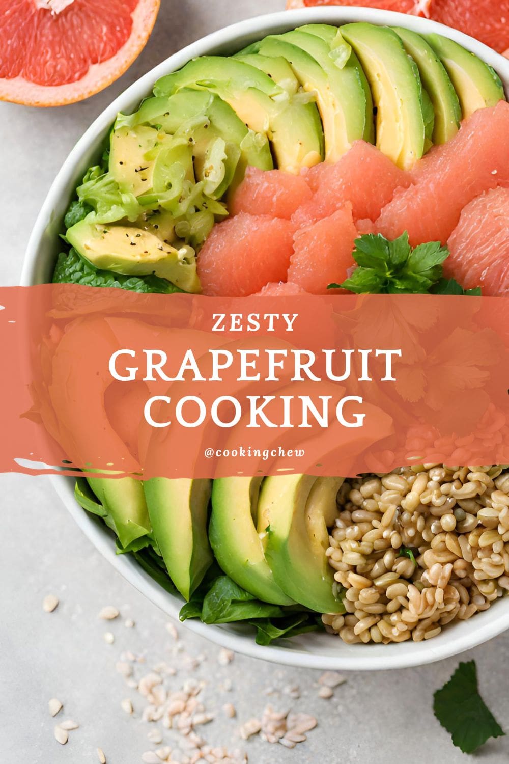 A vibrant grapefruit and avocado buddha bowl.