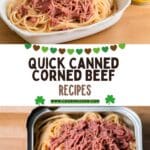 A can of corned beef on a white plate with spaghetti noodles.