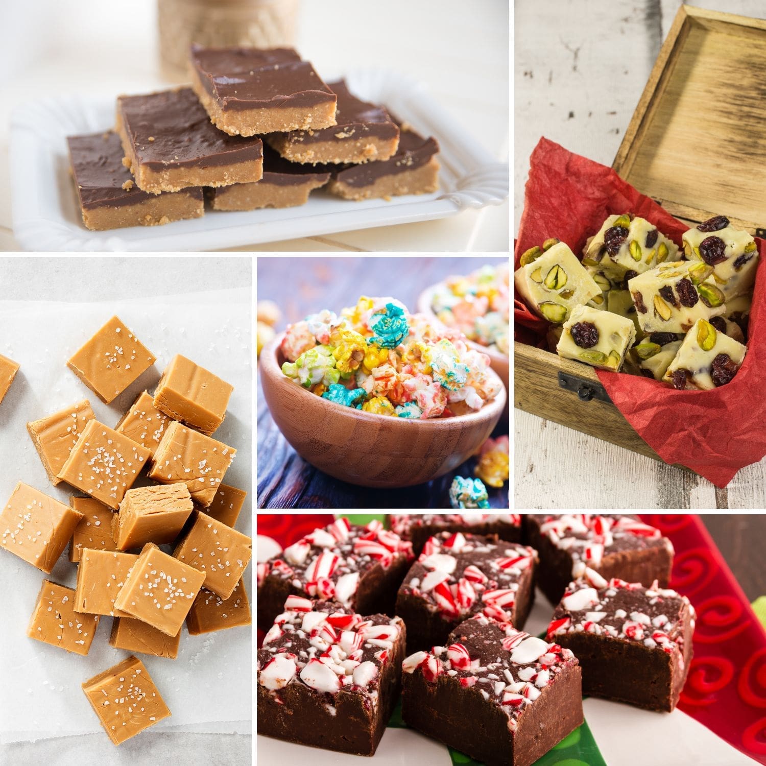 A plate of homemade Christmas candy, including candy cane chocolate fudge, peanut butter chocolate bars, peanut butter fudge, candy popcorn, and white chocolate cranberry pistachio Fudge, arranged in a festive holiday pattern.