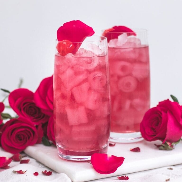 A close-up of a glass filled with a cranberry vodka cocktail.