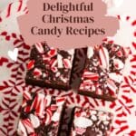 A plate of rich, dark chocolate fudge studded with festive candy cane pieces for a delightful Christmas treat.