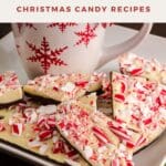 A festive plate of Christmas candy, peppermint bark, arranged in a holiday pattern.