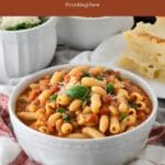 A close-up photo of a bowl of instant pot pasta e fagioli.