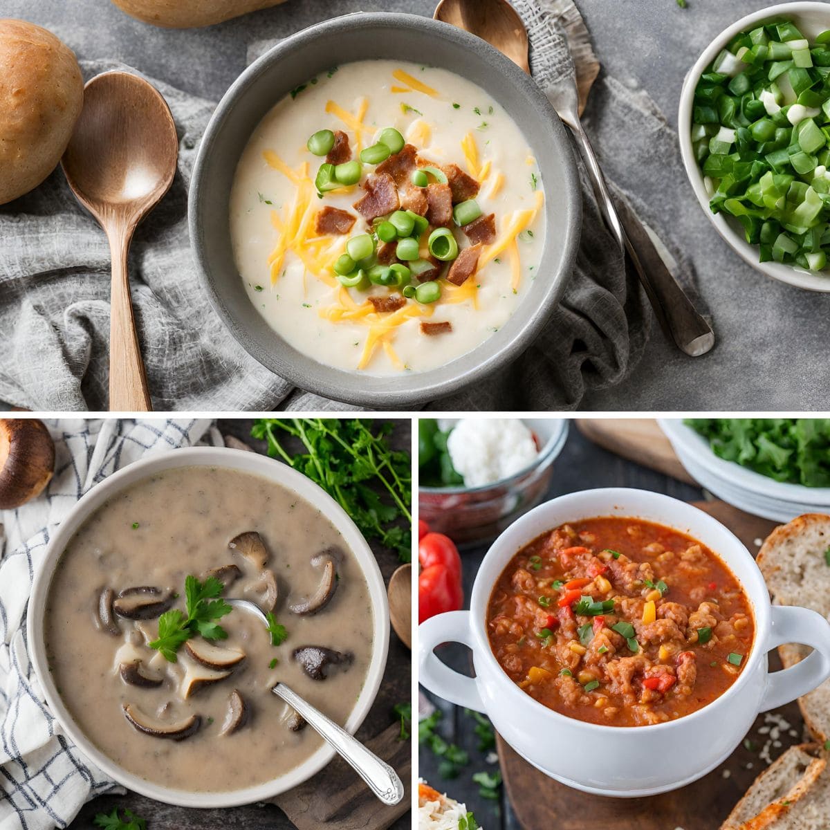 A trio of hearty soups in rustic bowls: instant pot loaded potato soup, instant pot stuffed pepper soup, and instant pot mushroom soup.