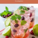 A close-up photo of two glasses of Sparkling Cranberry Mojito Twist cocktails on a wooden cutting board.