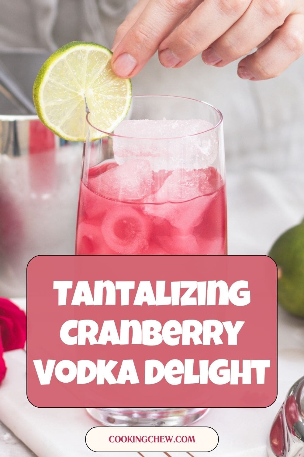 A glass of cranberry vodka delight with a slice of lime on top.