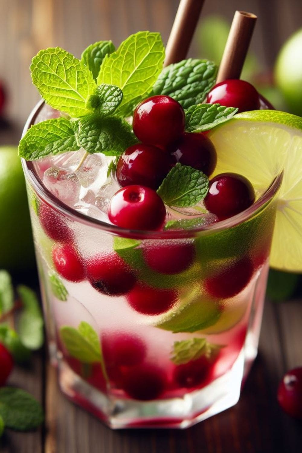 A close-up photo of a glass filled with a cranberry mojito cocktail. The glass is garnished with cranberries, lime wedges, and mint leaves.