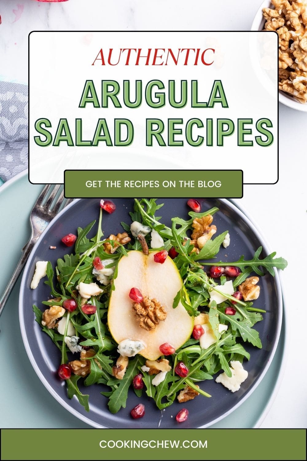 A plate of arugula salad with  blue cheese and fruit.