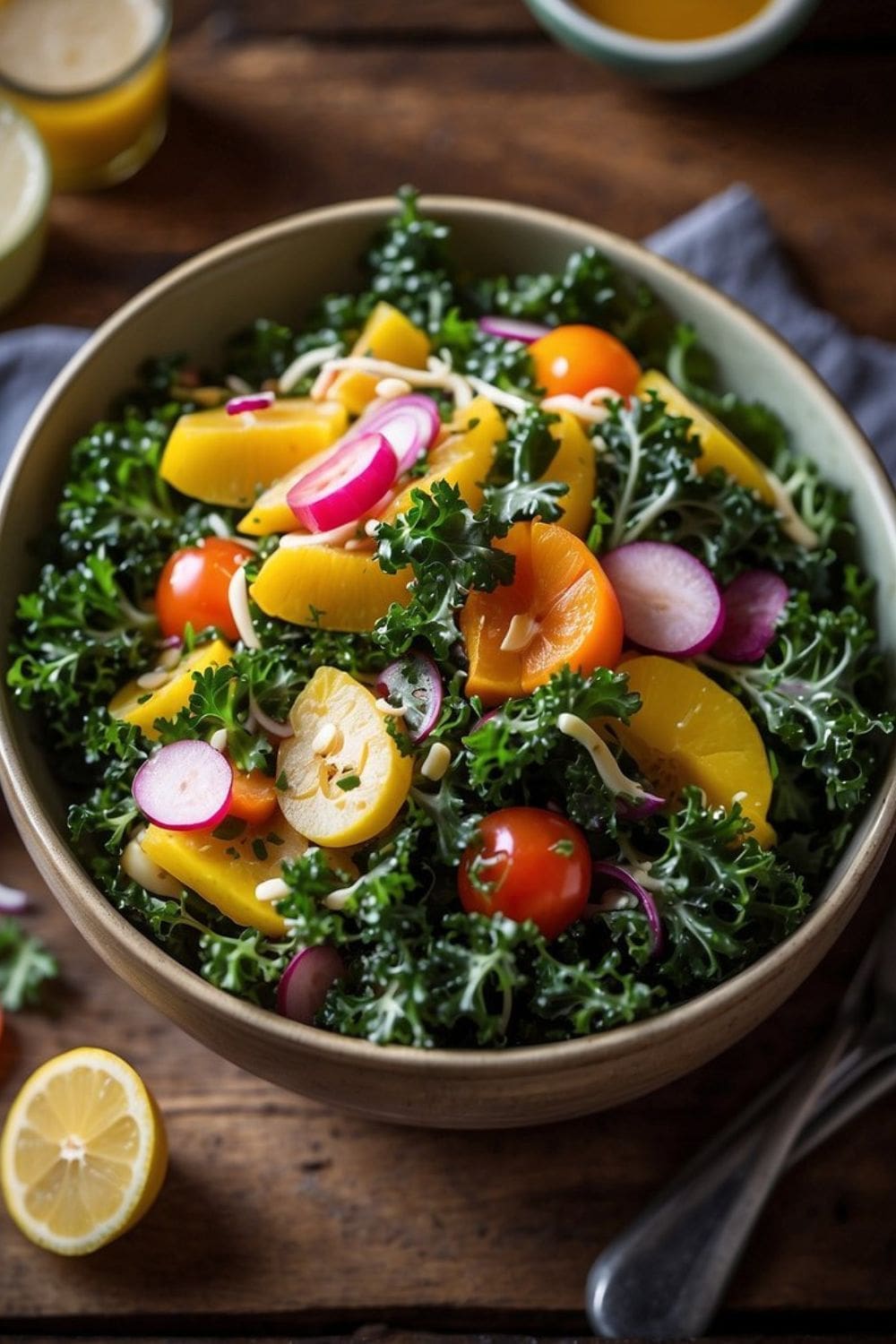 A close-up photo of a round, white bowl filled with a colorful kale salad.