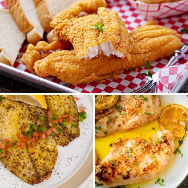 A collage of three air-fried fish dishes including white fish with garlic and lemon pepper, catfish, and tilapia.