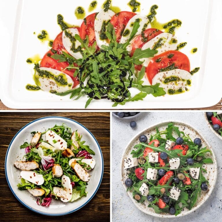 A collage of arugula salads, including strawberry feta arugula salad, caesar arugula salad, and caprese arugula salad.
