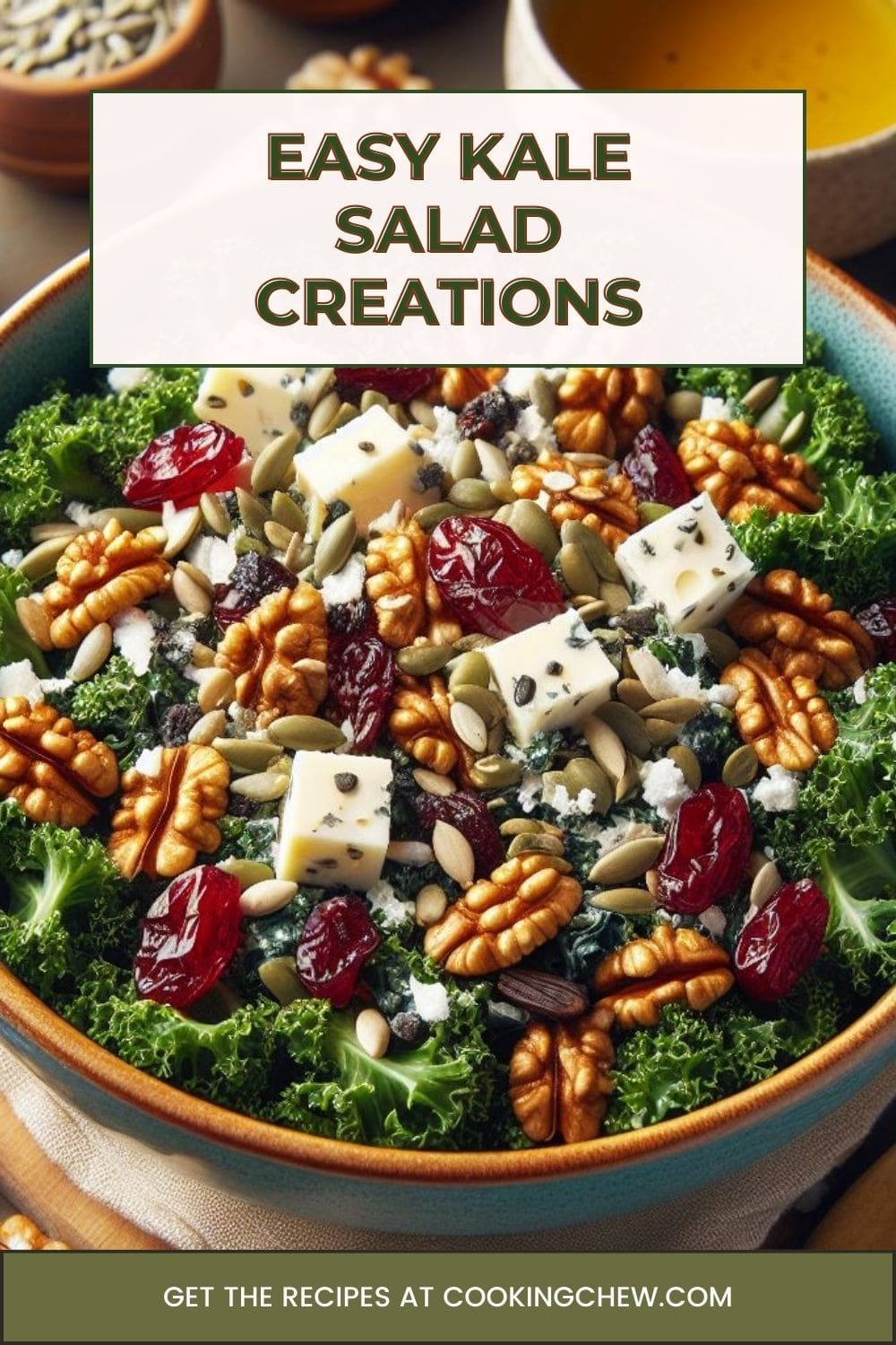 A photo of a bowl filled with a kale salad containing chopped nuts, dried cranberries, and crumbled cheese.