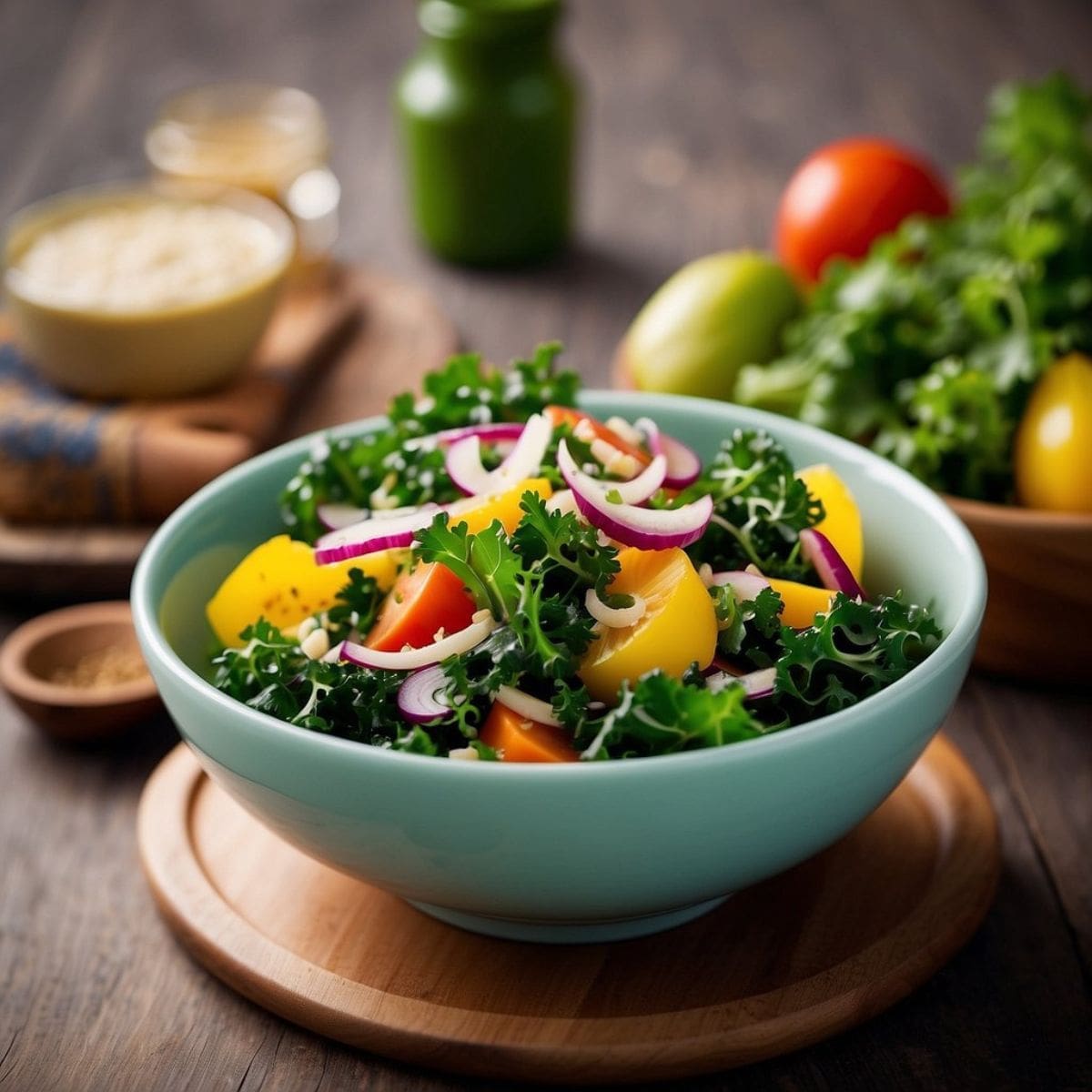 A wooden table with a white ceramic bowl full of kale salad.