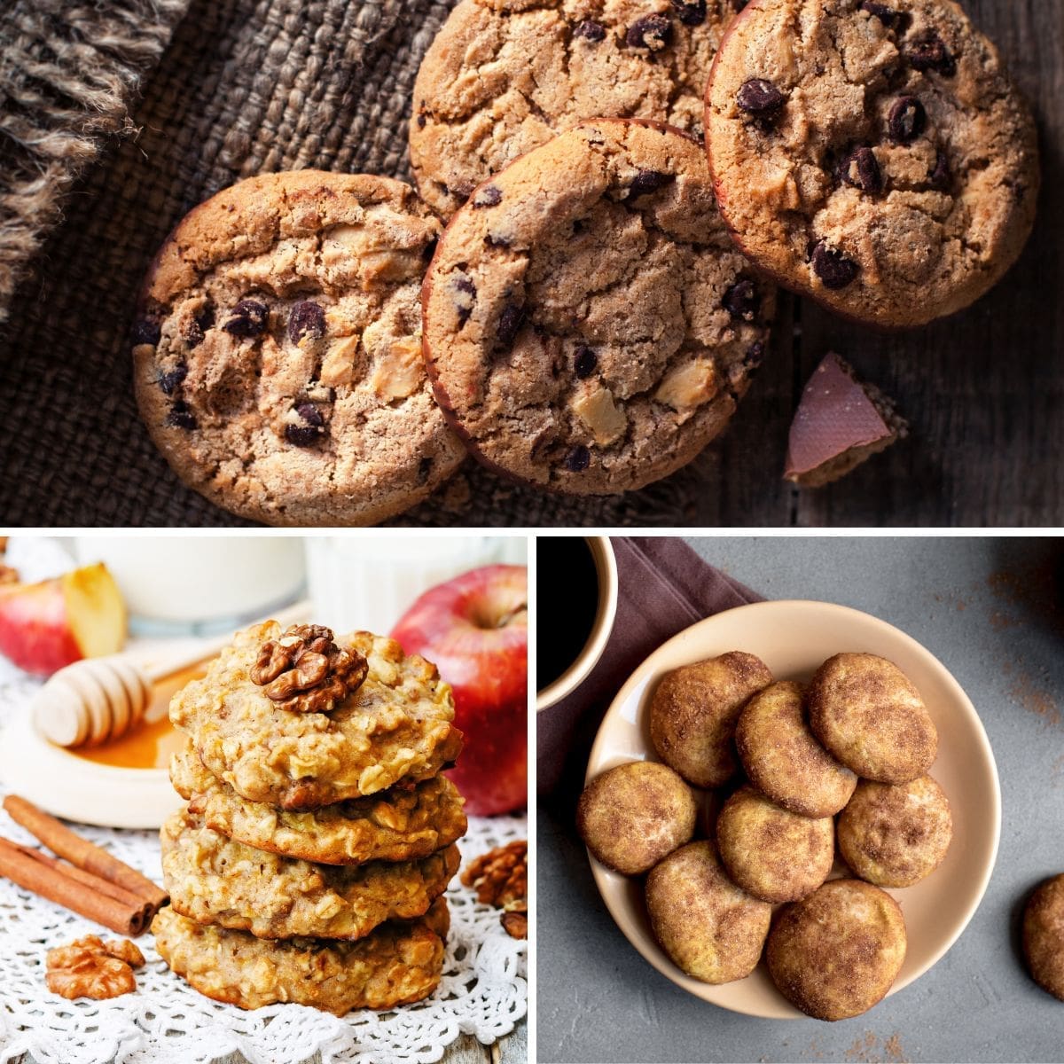 A collage of three different types of plant-based cookies on a wooden table.