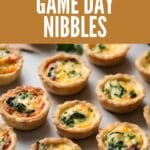A close-up photo of a platter of mini quiches, perfect for game day or any gathering.