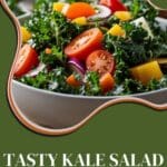 A photo of a bowl filled with a colorful kale salad containing cherry tomatoes, red onion slices, and baby kale leaves.