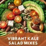 A photo of a vibrant kale salad mix with avocado, tomatoes, almonds, and pumpkin seeds in a white bowl.