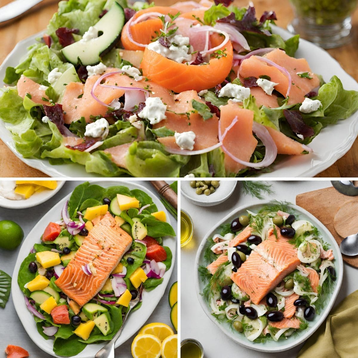 A collage of three different salmon salads on a rustic wooden table.