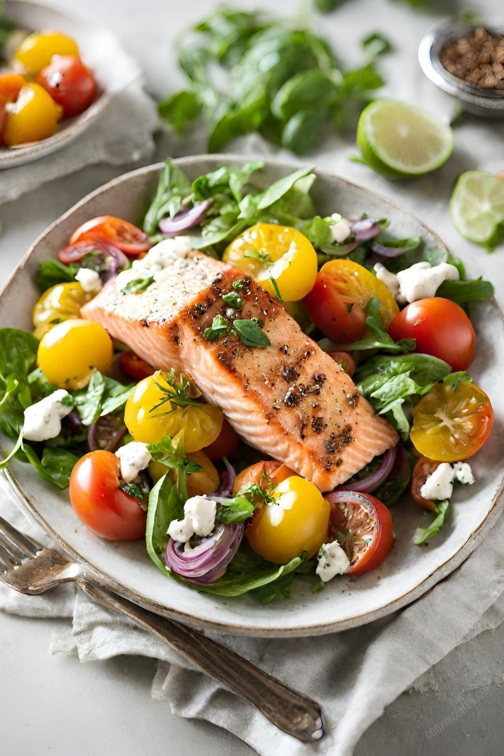 A close-up photo of a refreshing heirloom tomato salmon salad.
