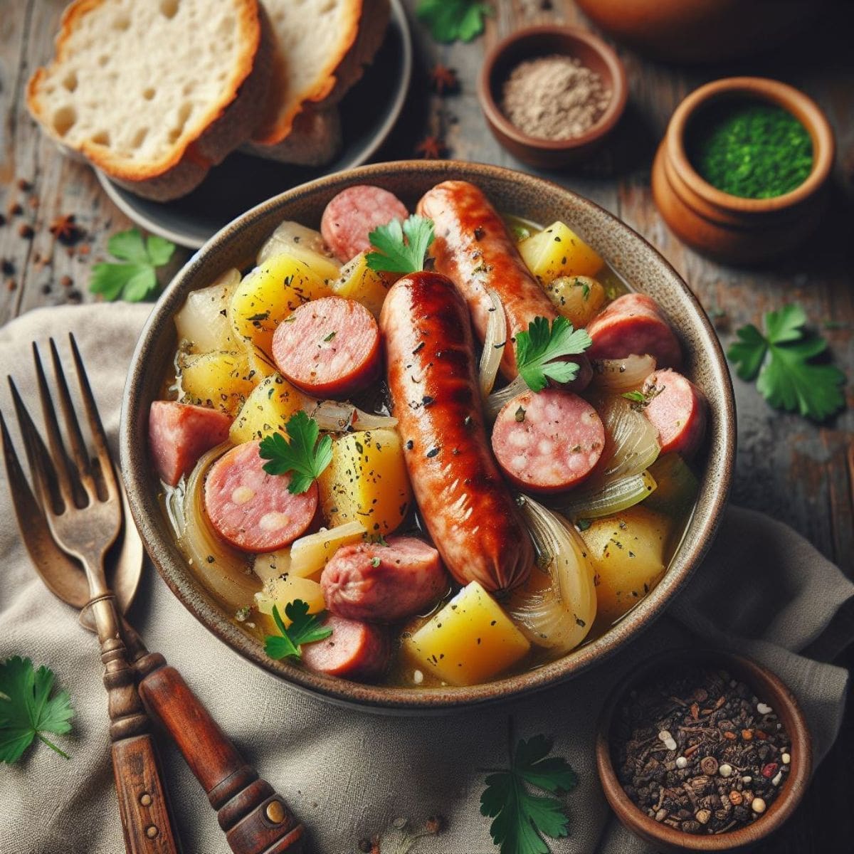 A close-up of a bowl filled with dublin coddle.