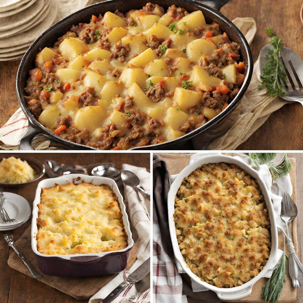 Three hearty potato casseroles.