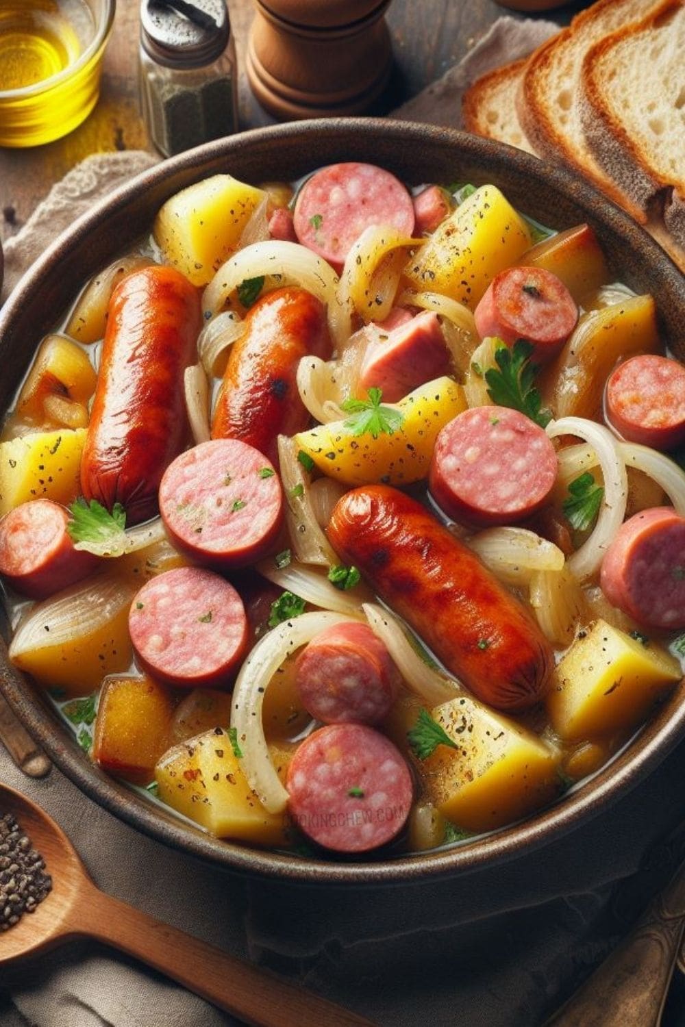 A close up image of a bowl filled dublin coddle.
