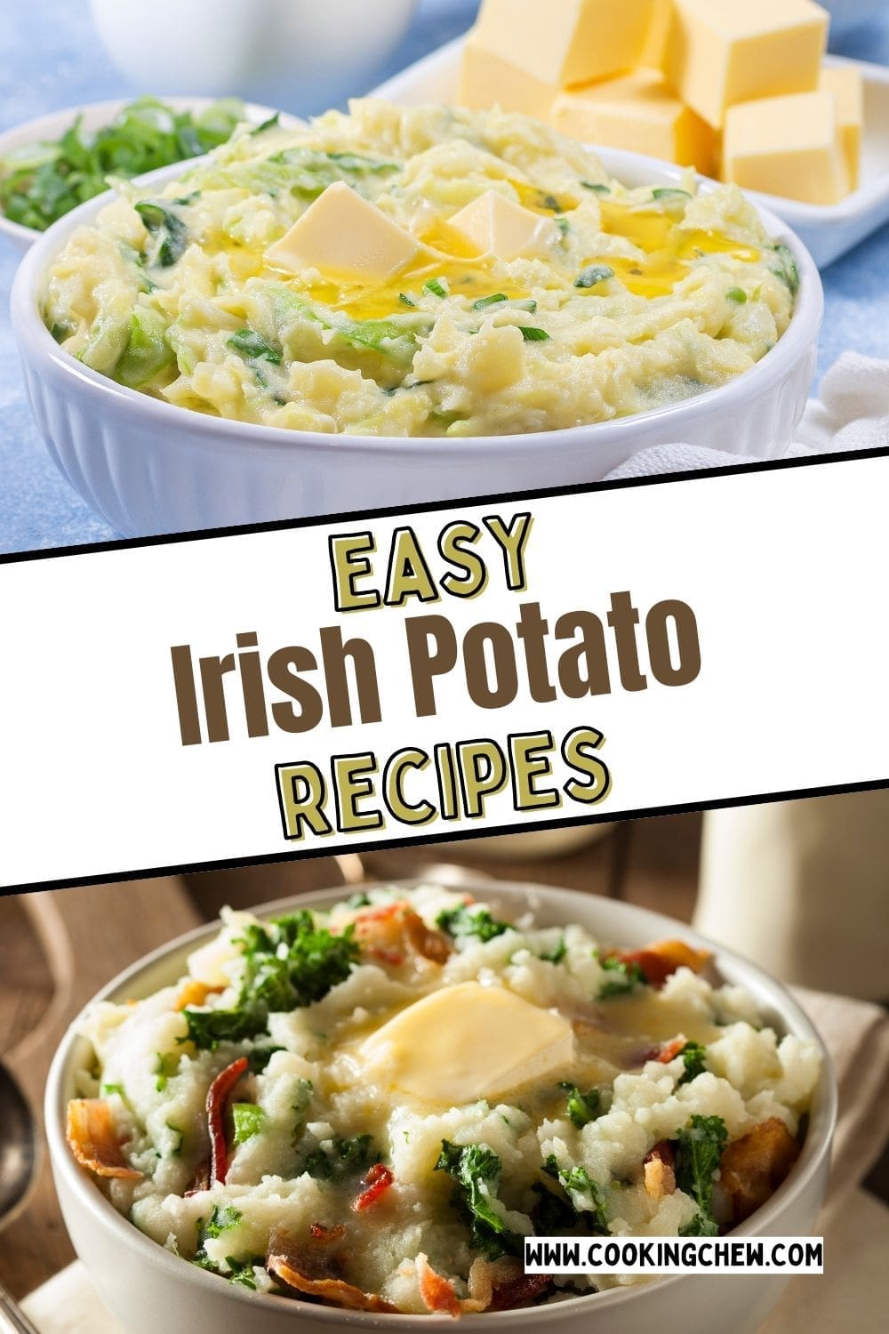 Two images of irish colcannon potatoes on a bowl.