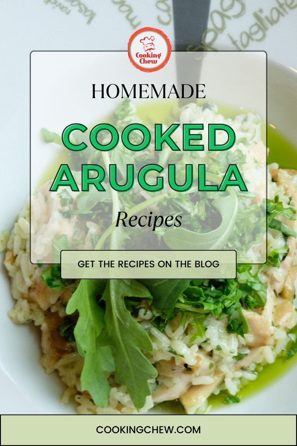 Arugula risotto on round plate dish.