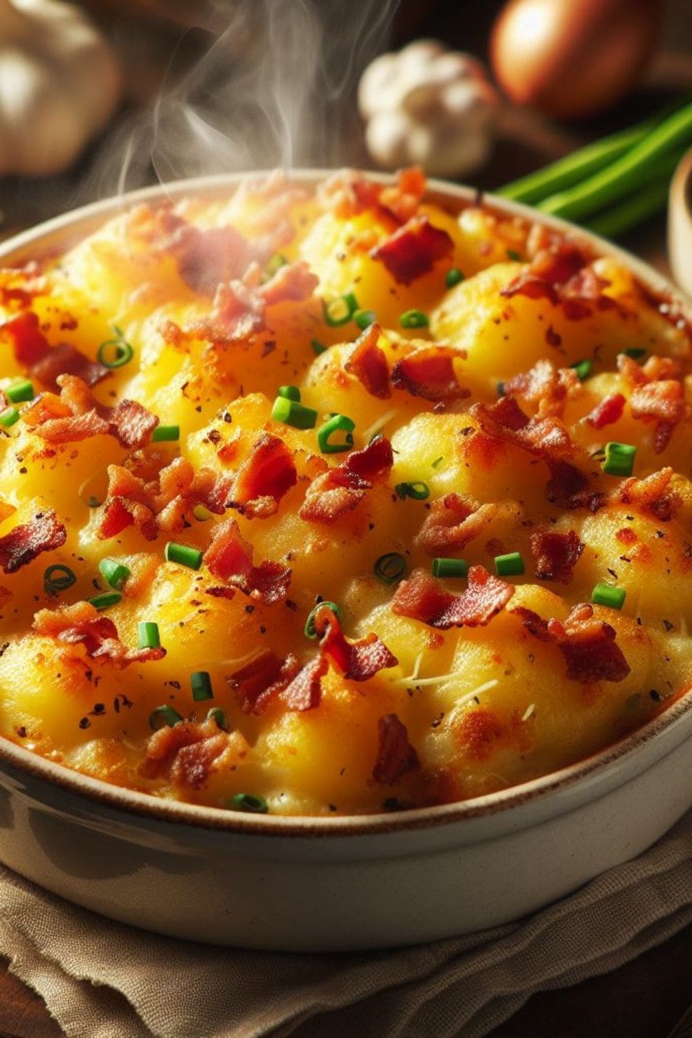 A photo of a potato and bacon casserole in a baking dish on a wooden table.
