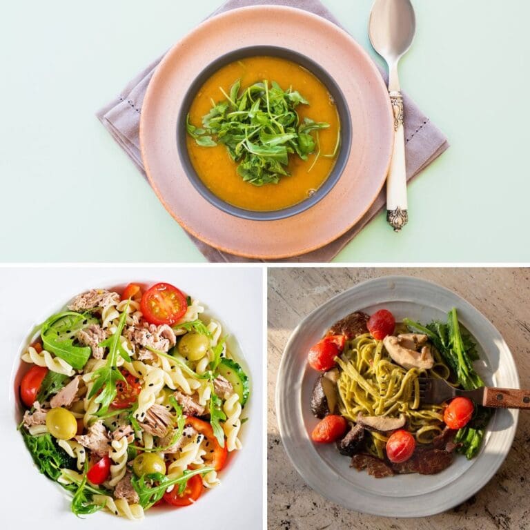 A collage of cooked arugula recipes, including a bowl of arugula soup, a plate of pasta arugula with mushroom and tomato, and a plate of pasta arugula with tuna.