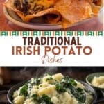A plate of irish potato nachos next to a bowl of colcannon potatoes.